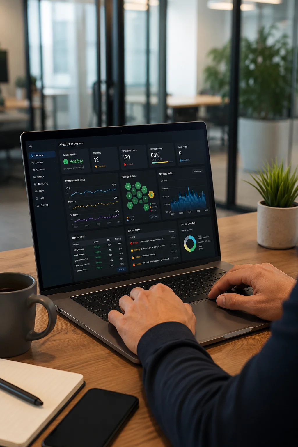 Infrastructure monitoring dashboard on a laptop in an office