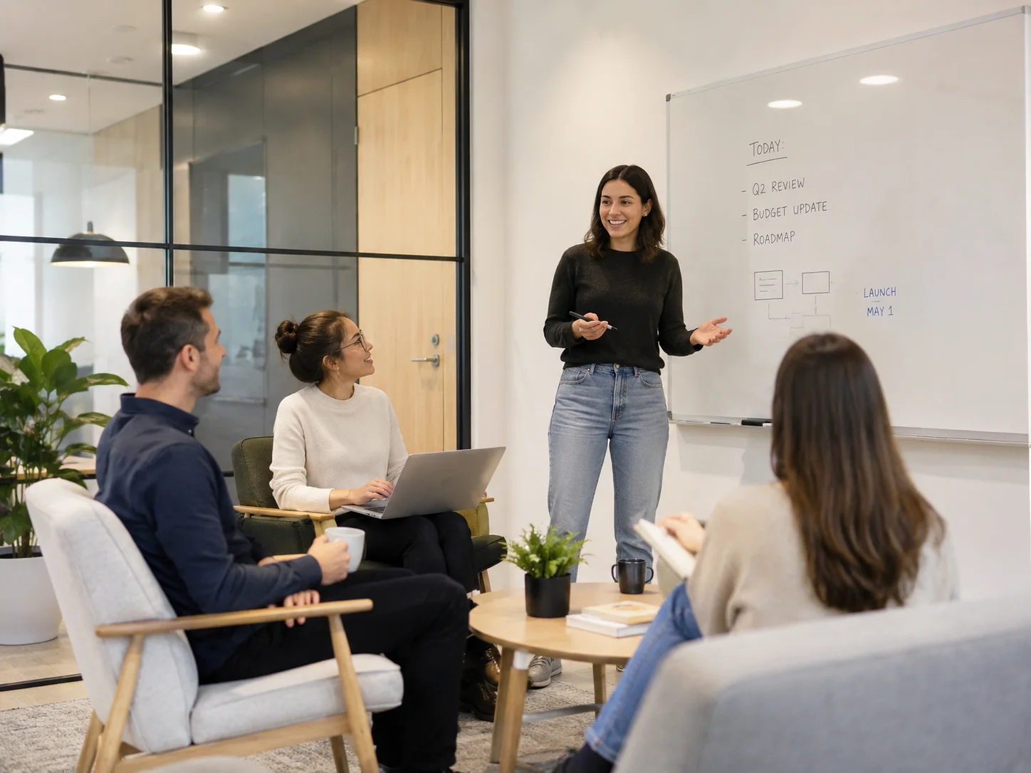 Team workshop around a whiteboard roadmap