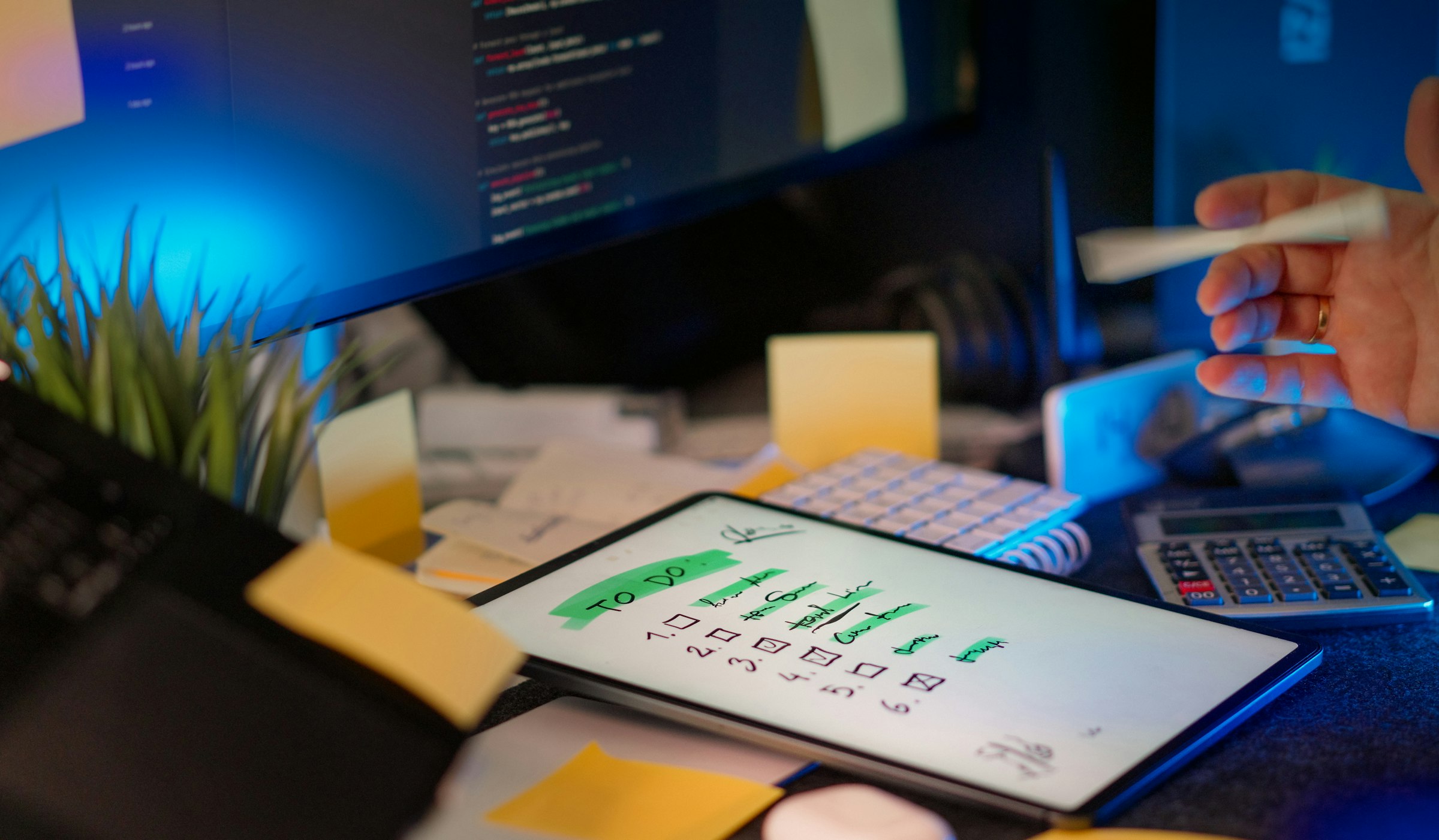 Developer workspace with code on screen and a task list on a tablet